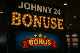 Johnny24 casino bonus sign with illuminated letters and promotional banner